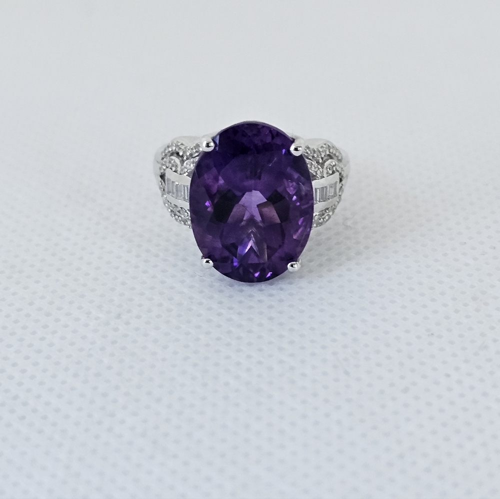 Natural Morrocan Amethyst & White Zircon Ring Sterling Silver Rhodium Sz 7 - Picture 6 of 10